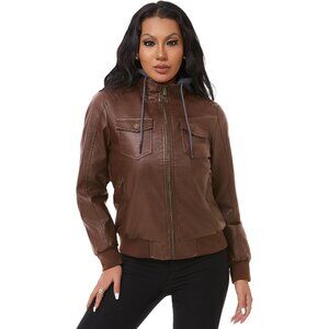 Women Camel Faux Leather Waterproof Motorcycle Bomber Biker Jacket